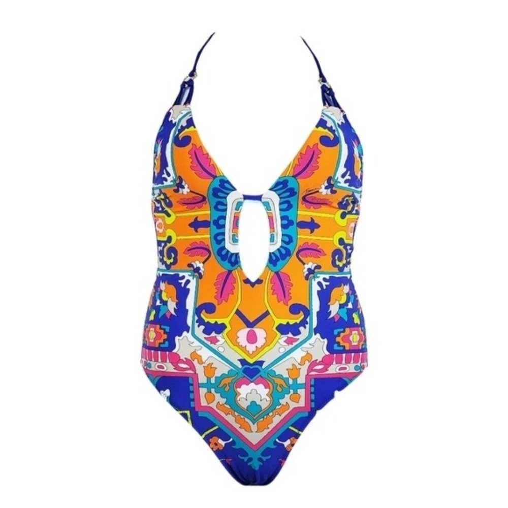 Trina Turk Womens Colorful Tapestry Print Plunge One Piece Swimsuit Size 6 NWT